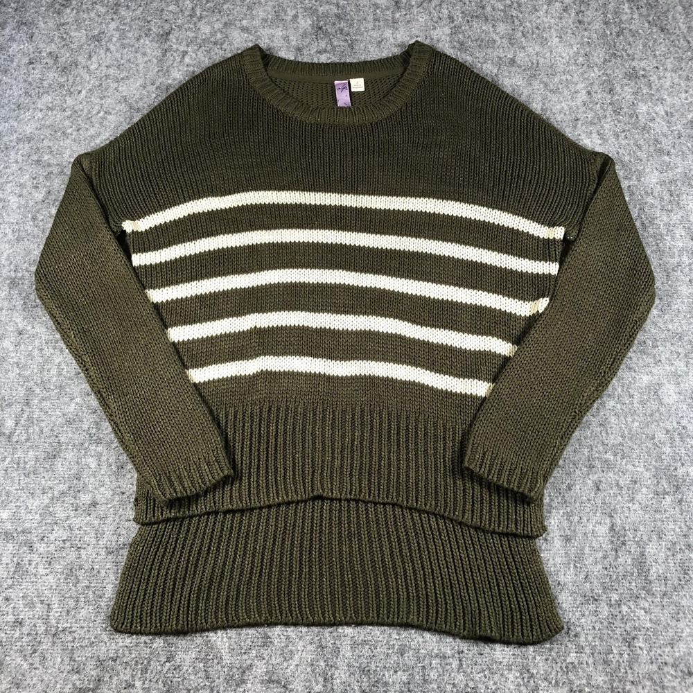 Alya Sweater Womens Small Green Striped Crewneck Ribbed‎ High Low Hem Pullover